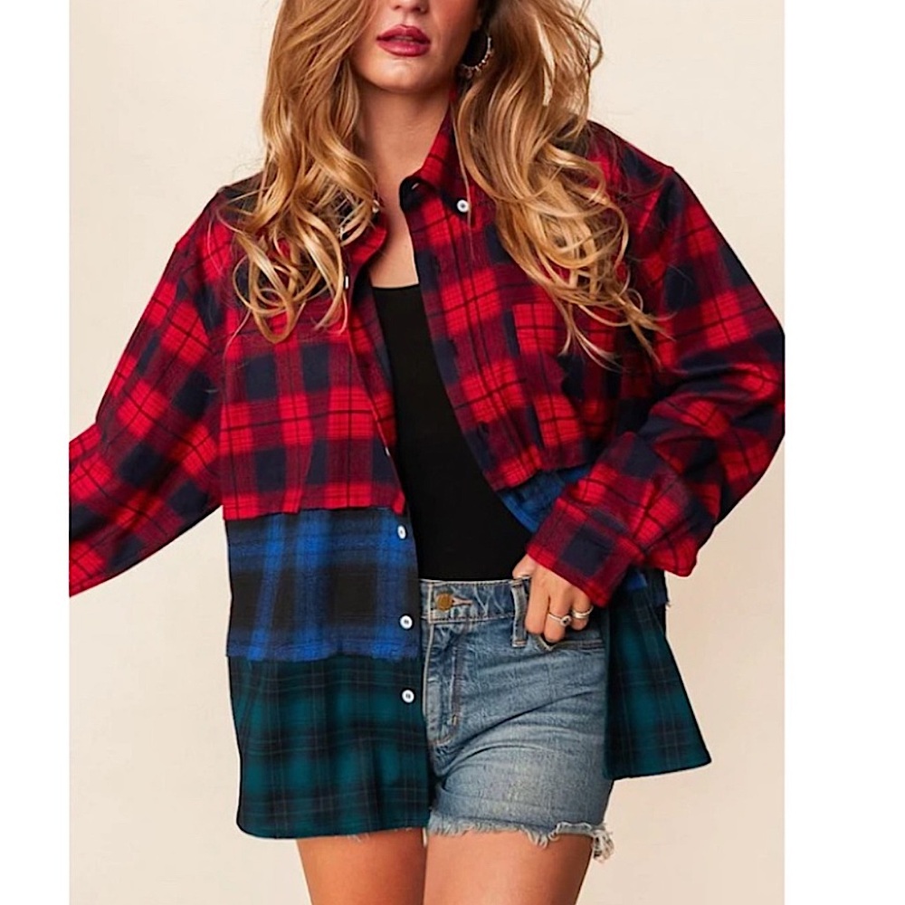 Sugarfox Patchwork Plaid Flannel Button Up Shirt … - image 2